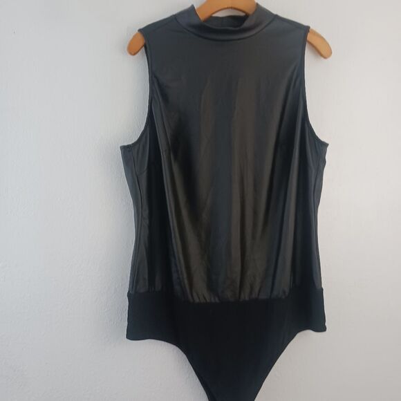 Torrid Plus Size 2X Black Faux Leather Mock Neck Bodysuit, Snap Crotch - Picture 2 of 7